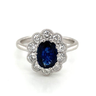 Platinum Earth Grown 1.78ct Oval Sapphire and Diamond Halo Ring