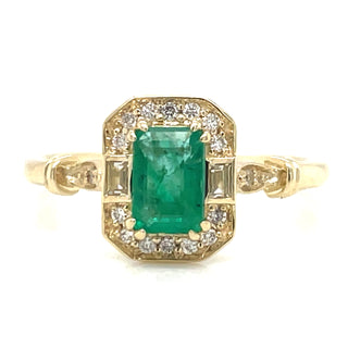Emerald cut .70ct Emerald in Diamond & White Sapphire Vintage Style Mounting