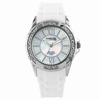 Q&Q Ladies Silver Cz Watch With White Silicone Strap