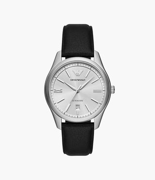 Emporio Armani Automatic Three-Hand Date Black Leather Watch