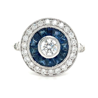 18ct White Gold Earth Grown 0.87ct Sapphire & 0.66ct Diamond Vintage Style Ring