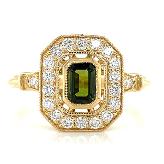18ct Yellow Gold Emerald Cut Green Tourmaline & Diamond Vintage style Ring