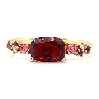 18ct Rose Gold Earth Grown Rhodolite Garnet, Diamond, Amethyst and Pink Topaz Ring