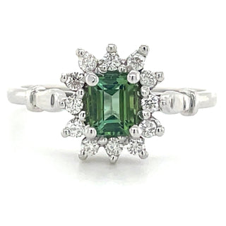 9ct White Gold Earth Grown Emerald Cut Green Tourmaline & Diamond Cluster Ring