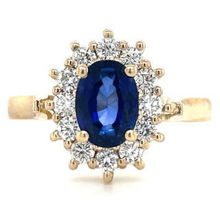 9ct Yellow Gold Earth Grown Oval Sapphire & Diamond Cluster Ring