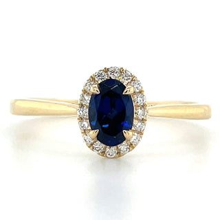 14ct Yellow Gold Laboratory Grown Oval Sapphire & Diamond Halo Ring