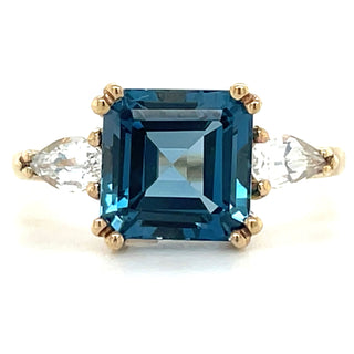 9ct Yellow Gold Earth Grown London Blue Topaz & White Sapphire Ring