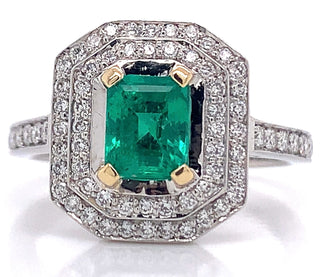 18ct White Gold Earth Grown Emerald And Diamond Double Halo 1.45ct Diamond Engagement Ring