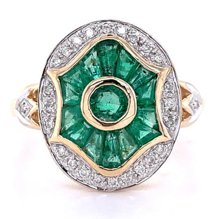 9ct Yellow Gold Vintage Deco Inspired Earth Grown Emerald and Diamond Ring.