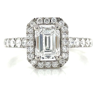 platinum emerald cut diamond halo engagement ring