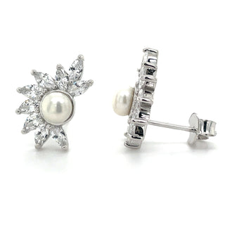 Sterling Silver Marquise Cz & Pearl Earrings