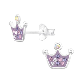 Children’s Sterling Silver purple crown earrings with colourful crystals.
