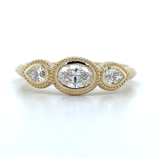 9ct Yellow Gold Oval with Pear Side Stones Milgrain Edge 0.46ct Laboratory Grown Diamond RIng