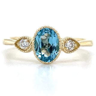 9ct Yellow Gold Milgrain Edge Earth Grown 0.80ct Blue Topaz & 0.10ct Diamond Ring