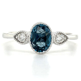 9ct White Gold Milgrain Edge Earth Grown 0.83ct London Blue Topaz & 0.10ct Diamond Ring