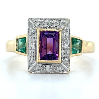 9ct Yellow Gold Vintage Style Earth Grown Emerald Cut Amethyst, Emerald & Diamond Ring