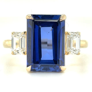 14ct Yellow Gold Laboratory Grown Emerald cut 7.35ct Sapphire with Two Laboratory grown Diamond Side Stone Ring