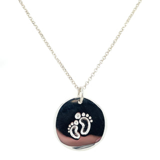Sterling Silver Baby Feet Large Disc Necklace