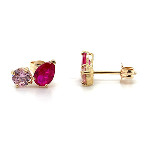 9ct Yellow Gold Toi Et Moi Ruby And Pink Cz Earrings
