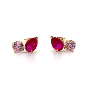 9ct Yellow Gold Toi Et Moi Ruby And Pink Cz Earrings