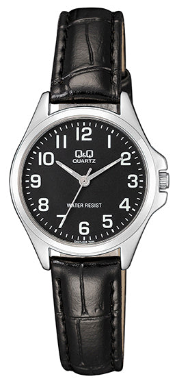 Q&Q Black Leather with Black Face Ladies Watch