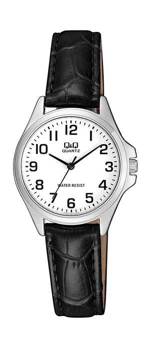 Q&Q Black Leather with White Face Ladies Watch