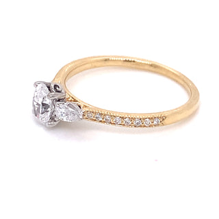 18ct Yellow Gold Earth Grown Oval & Two Side Pear with Pave Set Shoulder Diamond Engagement Ring