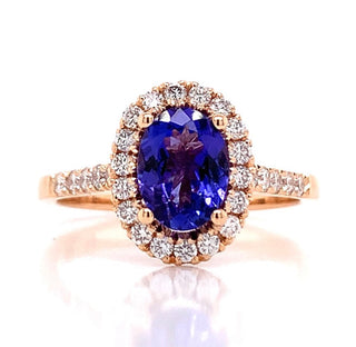 18ct Rose Gold Earth Grown 1.42ct Tanzanite And Diamond Halo Ring