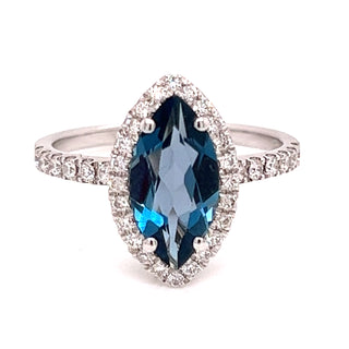 1.67ct Earth Grown Marquis London Blue Topaz in 18ct White Gold Diamond Mount