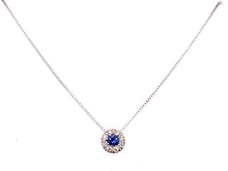 18ct White Gold Earth Grown 0.15ct Sapphire And 0.20ct Diamond Halo Pendant