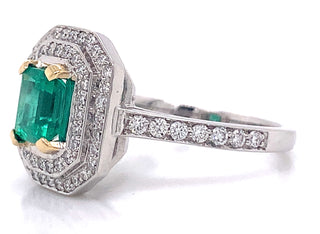 18ct White Gold Earth Grown Emerald And Diamond Double Halo 1.45ct Diamond Engagement Ring