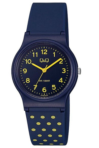 Q & Q Girls Navy And Yellow Dot Watch