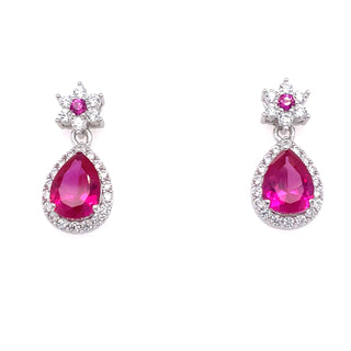 Sterling Silver Floral & Pear Ruby CZ Drop Earrings
