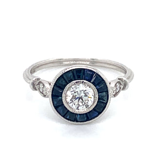 18ct White Gold Ring 0.43ct Diamond and 0.80ct Tappered Sapphire Vintage Style