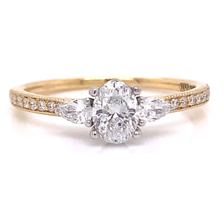 18ct Yellow Gold Earth Grown Oval & Two Side Pear with Pave Set Shoulder Diamond Engagement Ring