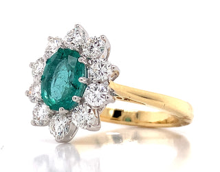 18ct Yellow Gold Earth Grown 1.25ct Emerald And 1ct Diamond Cluster Ring
