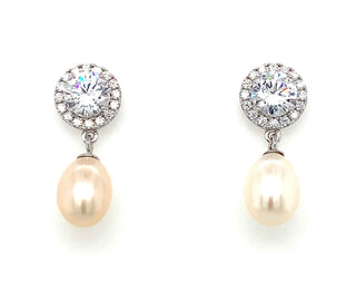Sterling Silver Round Halo With Drop Pearl Earrings