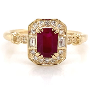 Emerald cut .70ct Ruby in Diamond & White Sapphirep Vintage Style Mounting