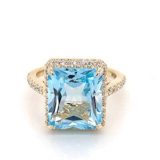 9ct Yellow Gold Emerald Cut Sky Blue Topaz & Diamond Shoulder Halo Ring
