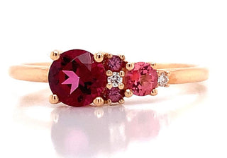 18ct Rose Gold Earth Grown Pink Topaz, Rhodolite, Red Topaz And Diamond Ring