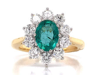 18ct Yellow Gold Earth Grown 1.25ct Emerald And 1ct Diamond Cluster Ring