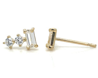 9ct Yellow Gold Baguette And Two Stone Cz Stud Earrings