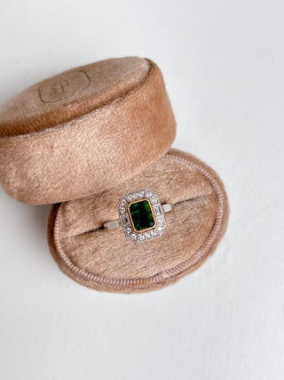 18ct White Gold Earth Grown 0.91ct Emerald Cut Green Tourmaline & Diamond Vintage Style Ring