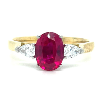18ct Yellow Gold Laboratory Grown 1.78ct Ruby And 0.31ct Diamond Three Stone Ring