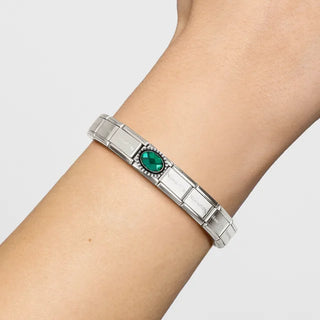 Composable FACETED STONES, steel with 925 sterling silver OVAL BEADED RICH SETTING EMERALD GREEN