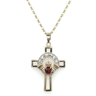 Vintage 9ct Yellow Gold Garnet And Diamond Claddagh Cross Pendant