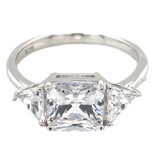 Sterling Silver Princess Cut Cz with Side Trillion Stones