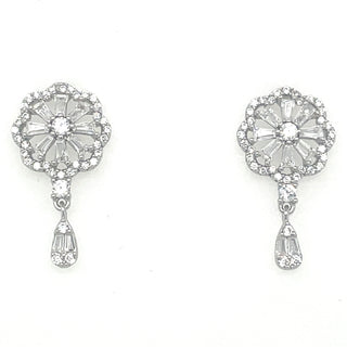 Sterling Silver Cz Flower Drop Earrings