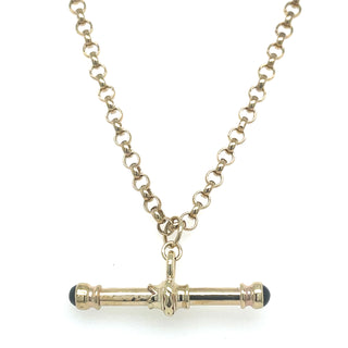 Vintage 9ct Yellow Gold 22” Round Belcher Chain With Detailed T-Bar And Onyx Stone