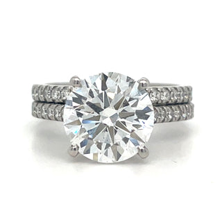 Evelyn Ring Set - Platinum Laboratory Grown 4.30ct Round Brilliant Solitaire With Hidden Halo And Castle Set Diamond Band Ring Set